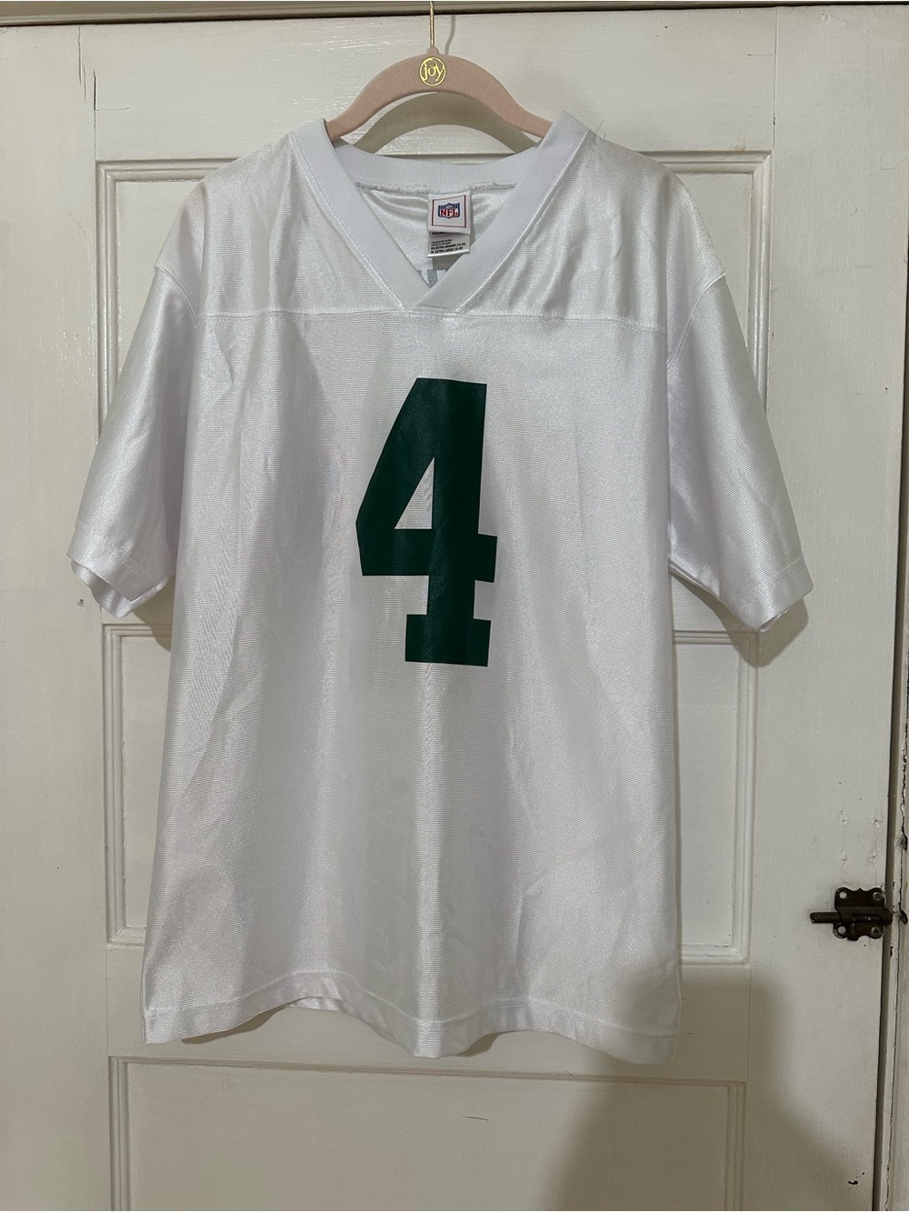 NFL White Boys Jersey with Green Number 4
